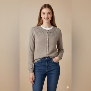 Rebecca Taylor Silk Cashmere Embellished Tan Cardigan Sweater NWOT